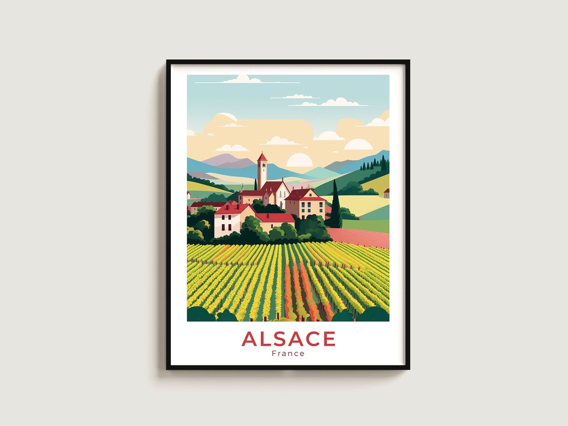Alsace France Storybook Village Vineyard Rows Retro Travel Poster