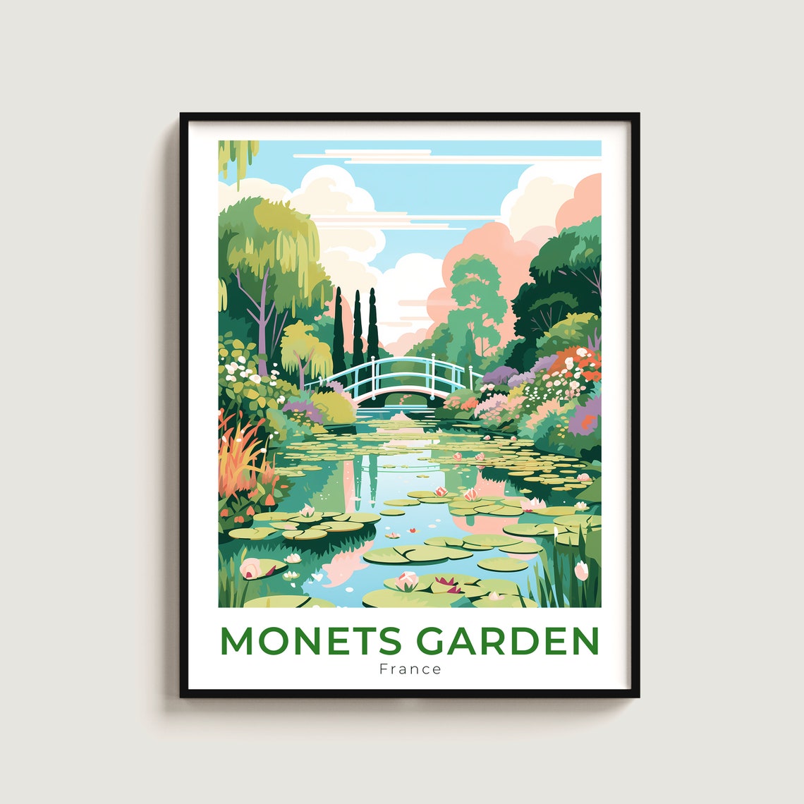 Monets Garden White Bridge Poster France Water Lily Scene Art