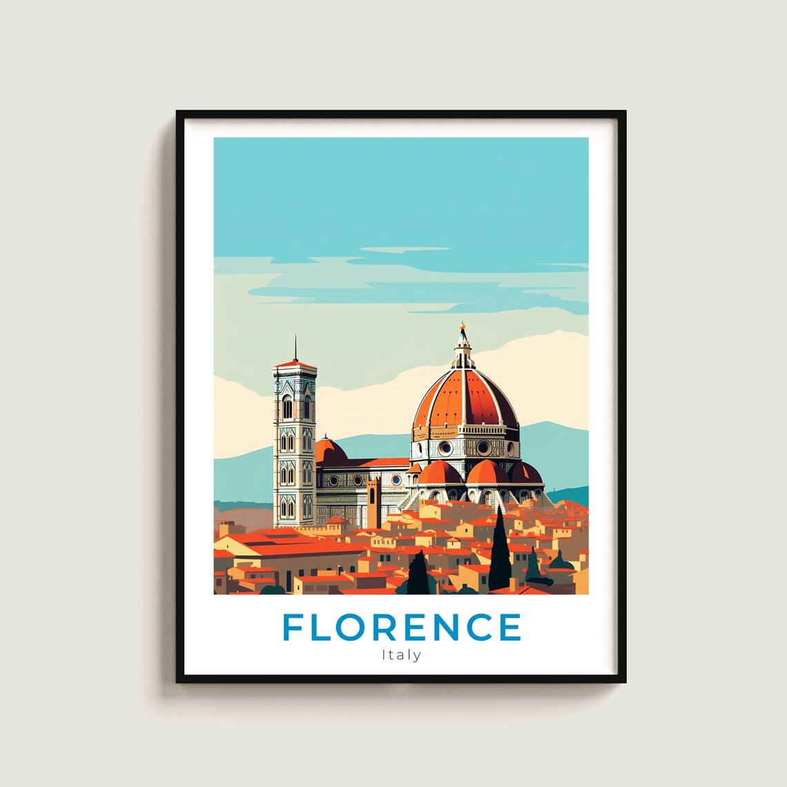 Florence Italy Skyline Duomo Bell Tower Red Rooftops Travel Poster