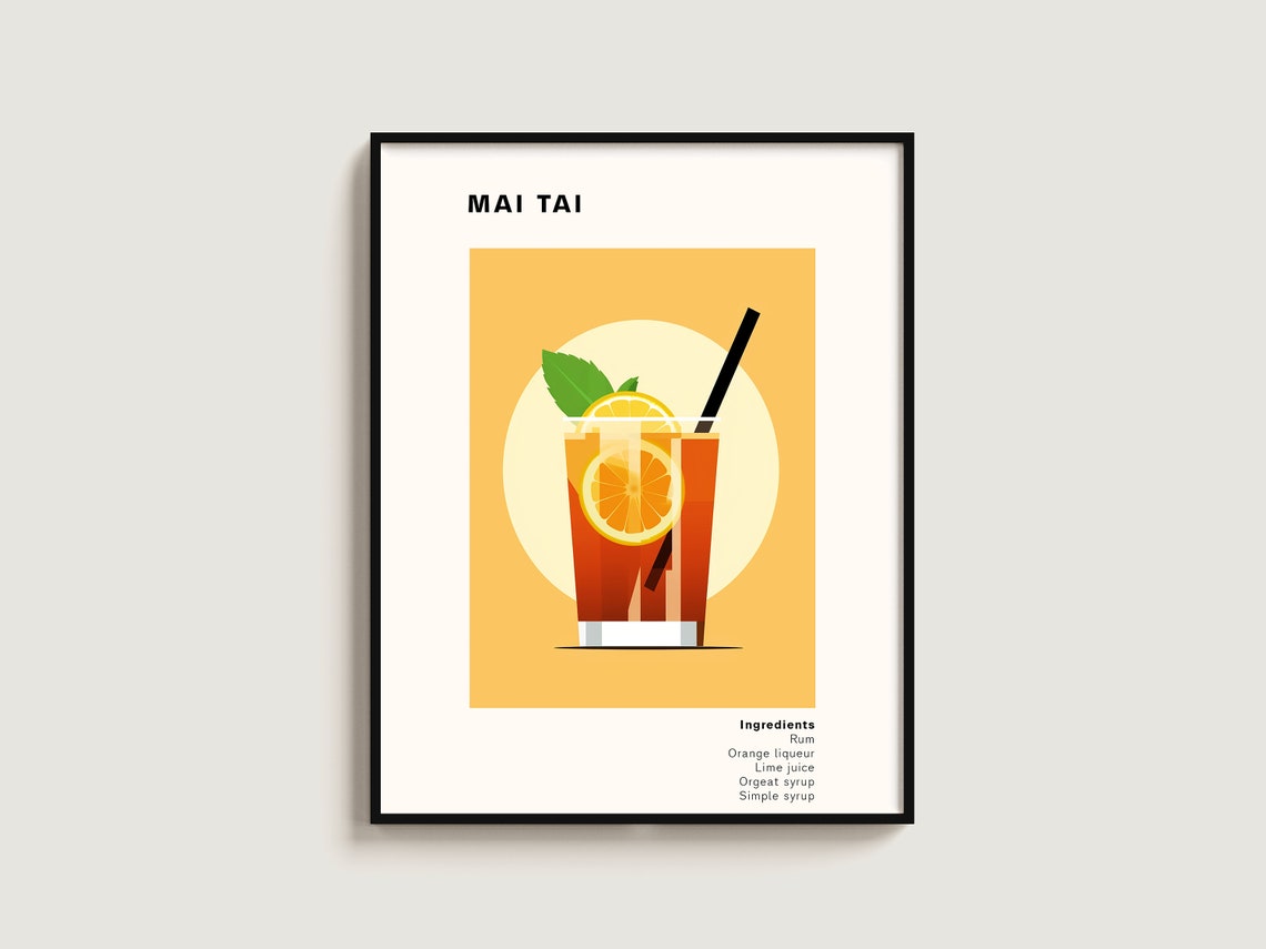 Mai Tai Rum Cocktail Recipe Minimalist Illustration Bar Decor Poster