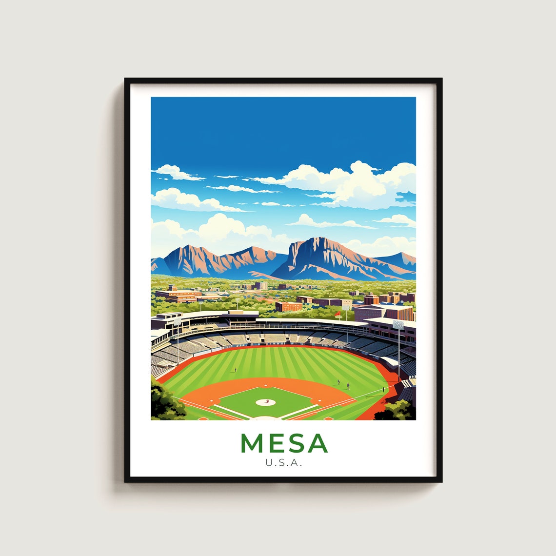 Mesa Arizona Baseball Stadium Desert Mountain Sunset Travel Poster