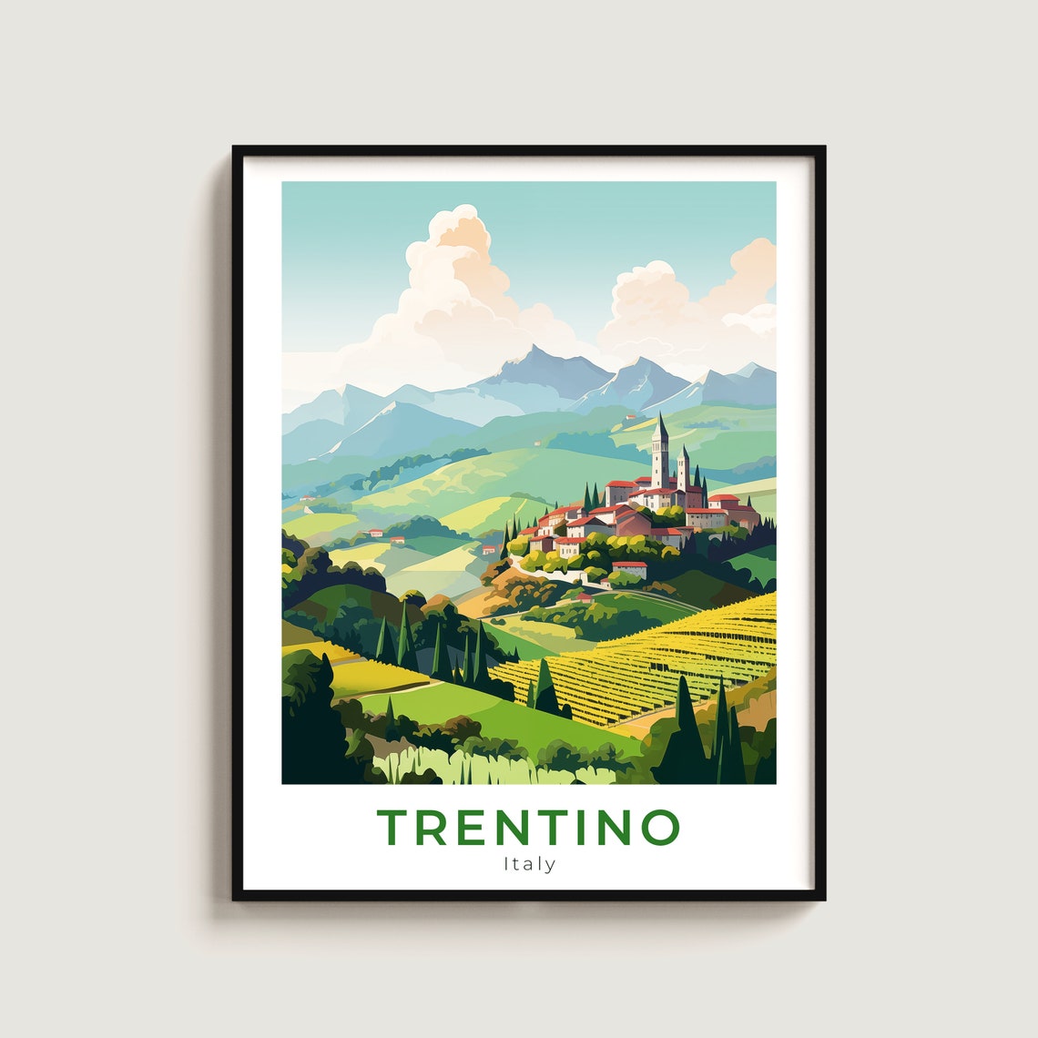 Trentino Italy Green Valley Vineyard Village Mountain Poster