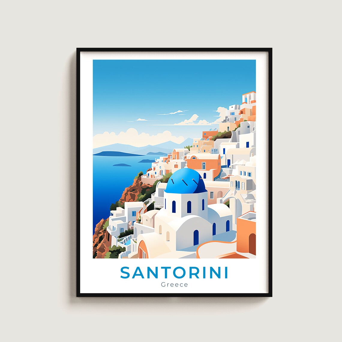 Santorini Greece Blue Dome Church Cliffside Caldera Travel Poster