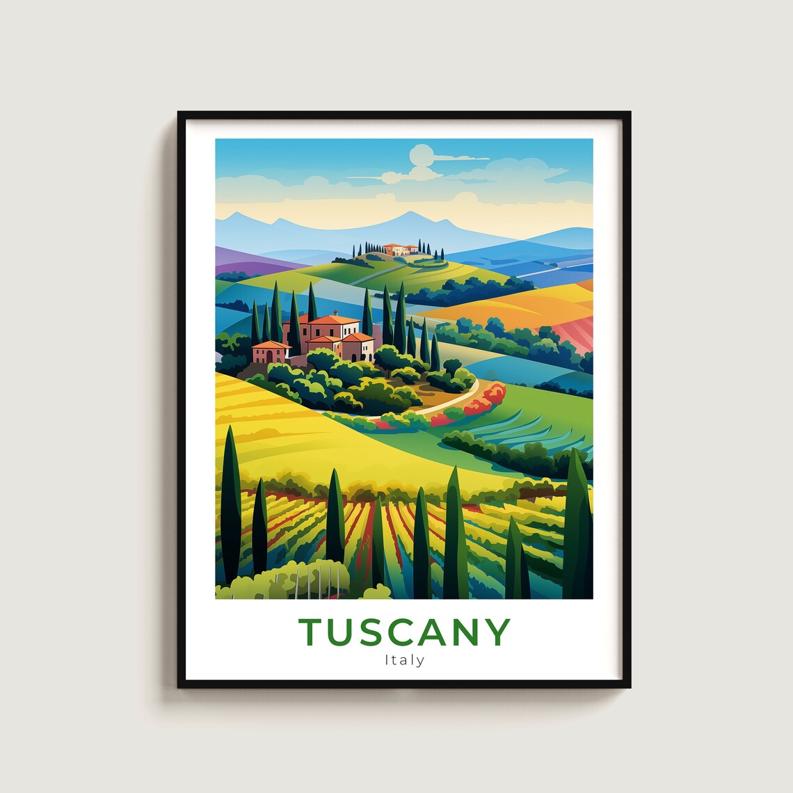 Tuscany Italy Cypress Trees Villa Vineyard Landscape Travel Poster