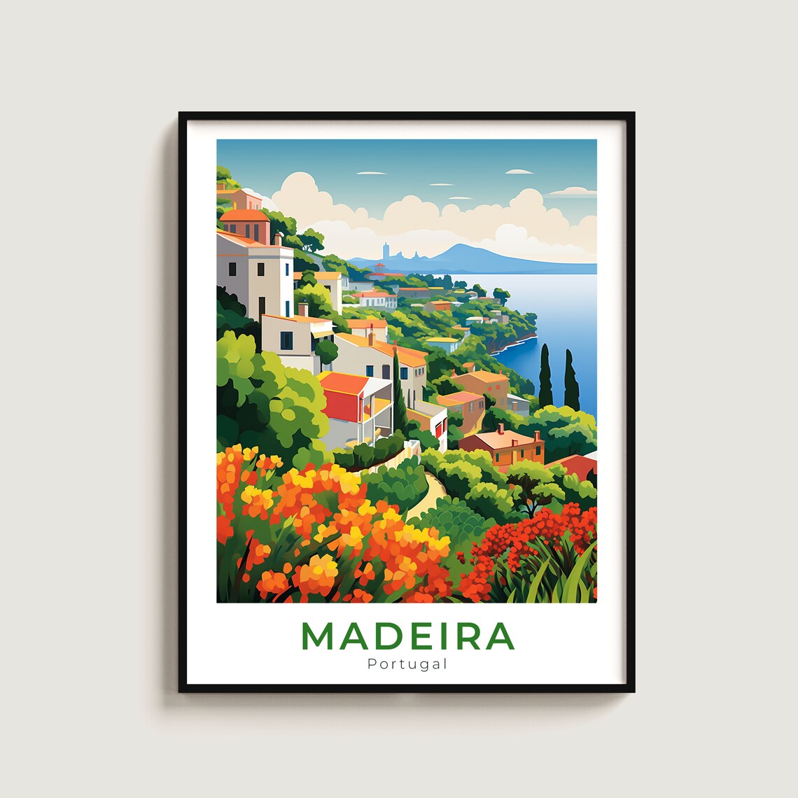 Madeira Portugal Coastal Hillside Town Ocean View Travel Poster