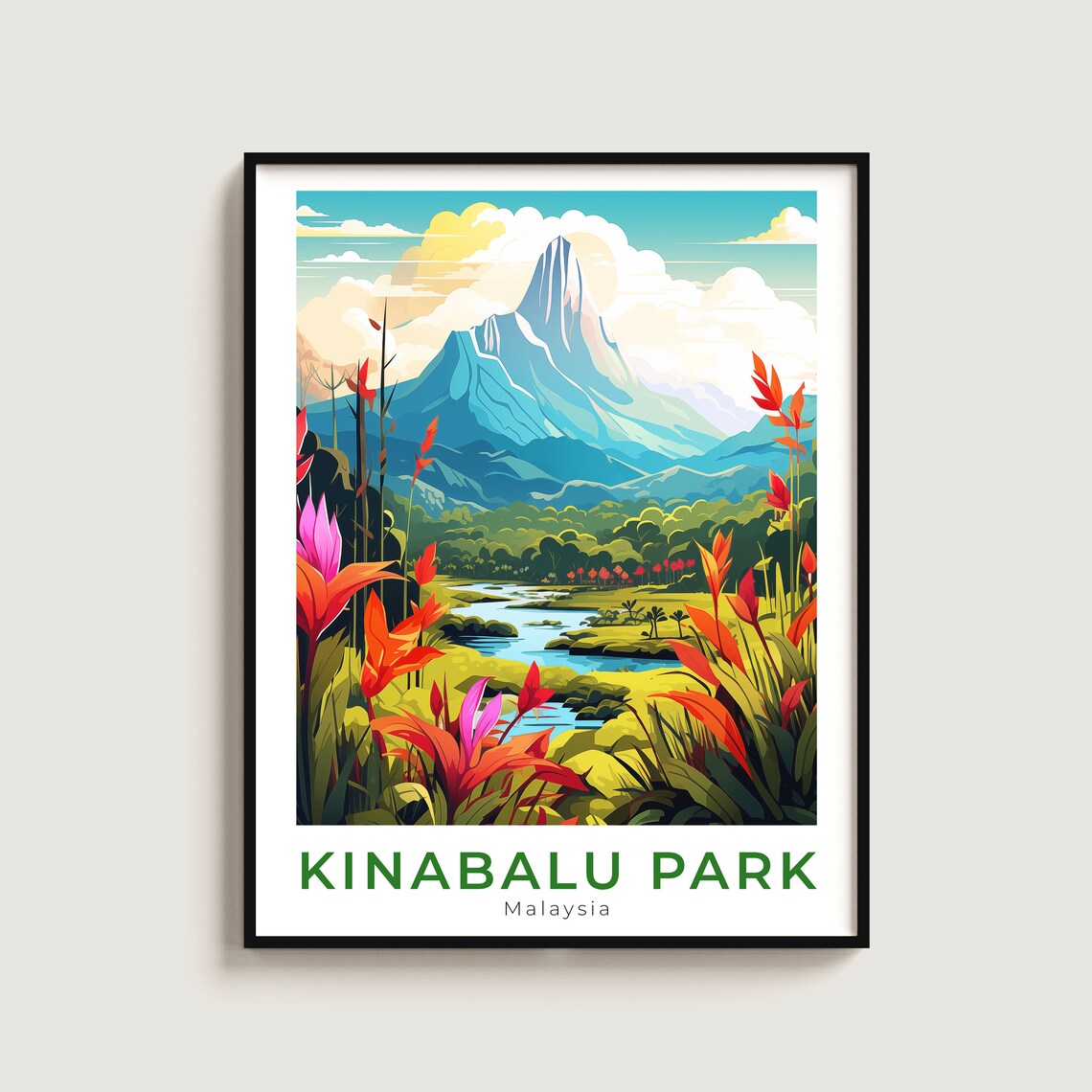 Kinabalu Park Malaysia Mountain Peak Tropical River Travel Poster
