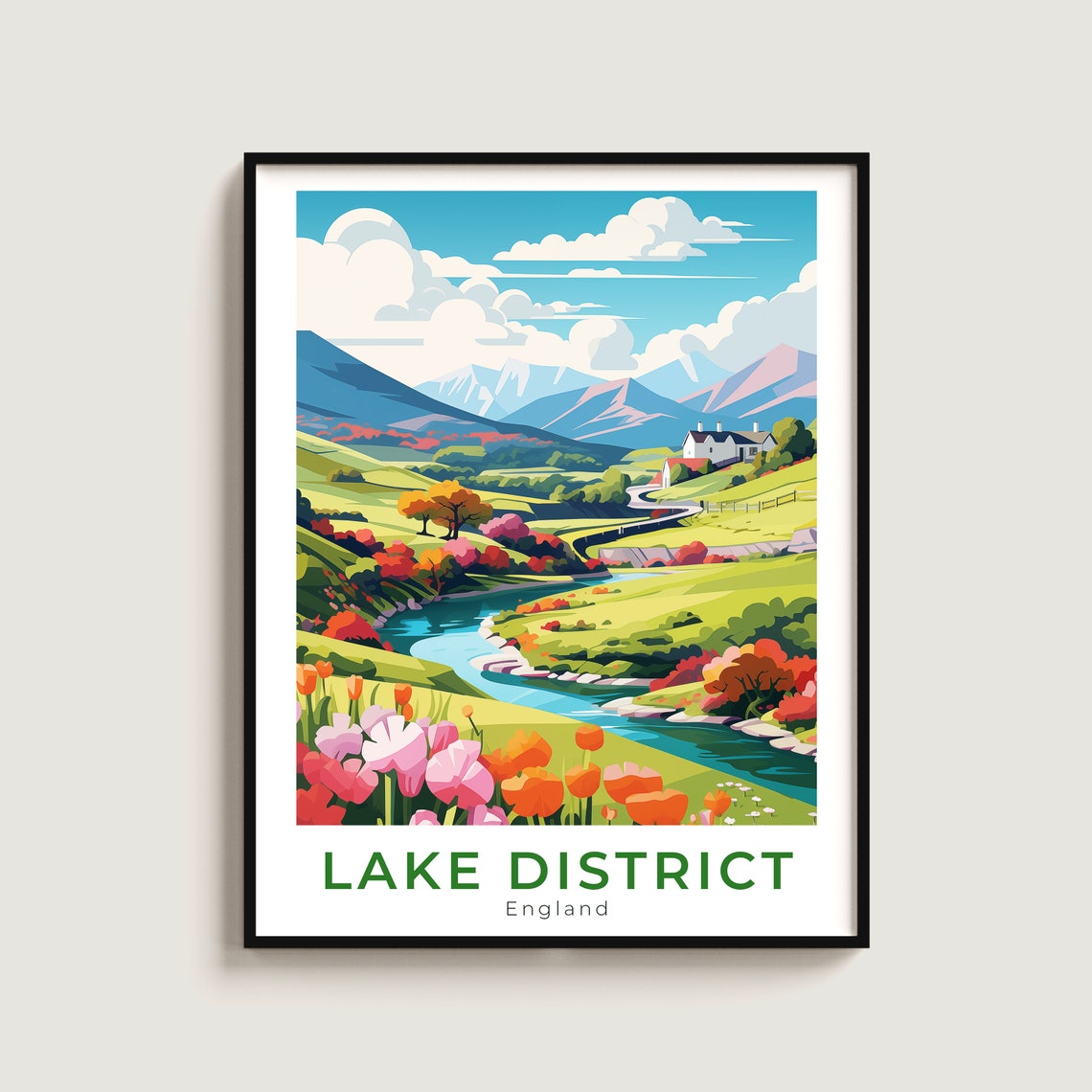 Lake District England Green Valley River Flower Meadows Travel Poster
