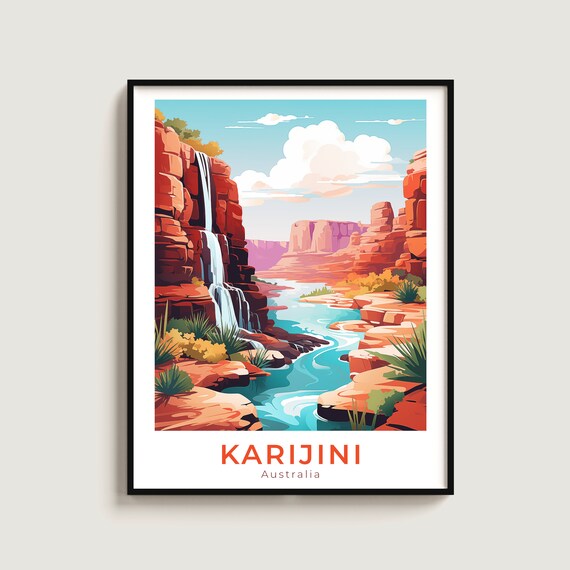 Karijini Australia Gorge Waterfall Turquoise Vintage Travel Poster
