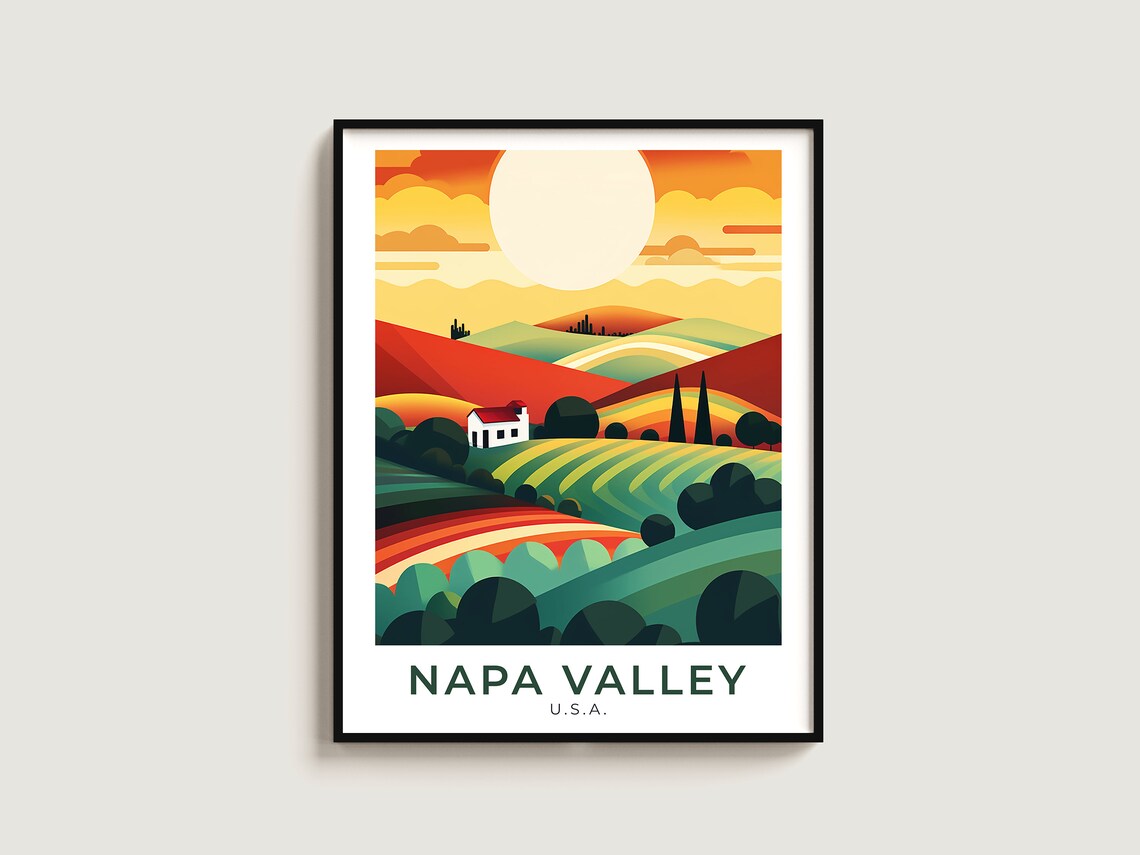 Napa Valley USA Golden Sunset Hills Vineyards Retro Travel Poster