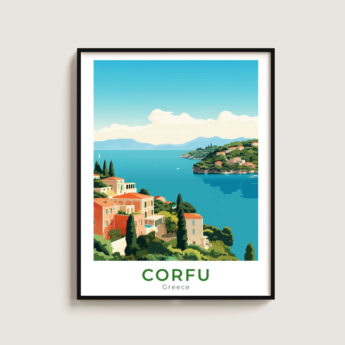 Corfu Greece Lush Coastal Villas Bay Cypress Trees Travel Poster