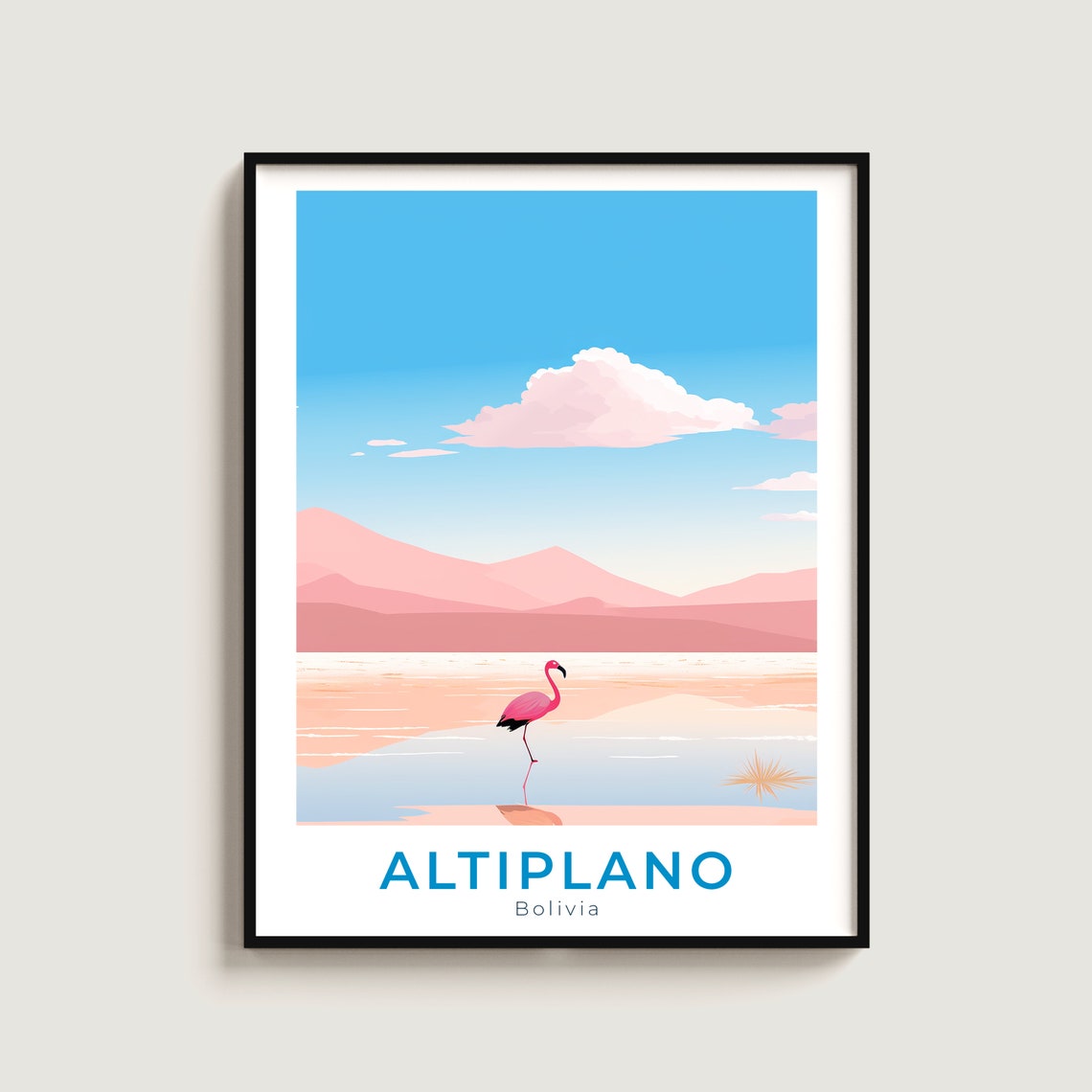Altiplano Bolivia Pink Flamingo On Salt Flat With Mountains Poster