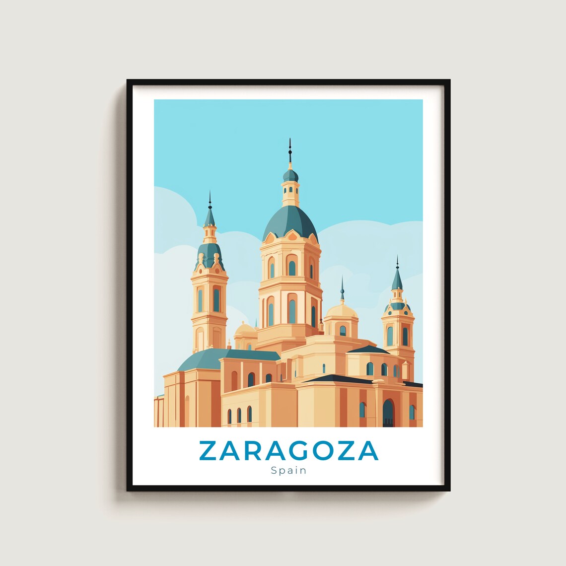Zaragoza Spain Basilica Golden Domes Twin Towers Sky Travel Poster