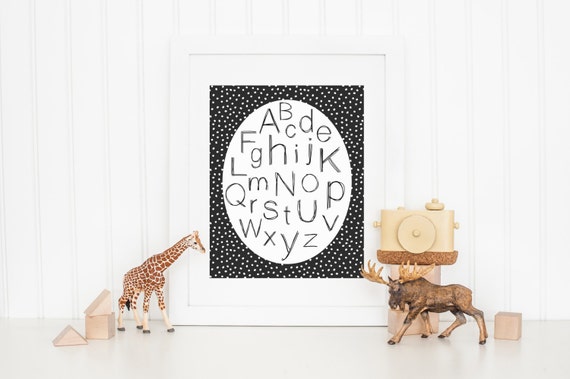 Modern Black White Alphabet Abc Nursery Print For Baby Wall Art Monochrome Any Size
