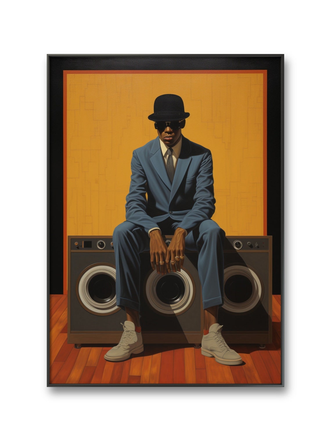 Cool Hip Hop Man In Blue Suit Sitting On Retro Boombox Orange Print