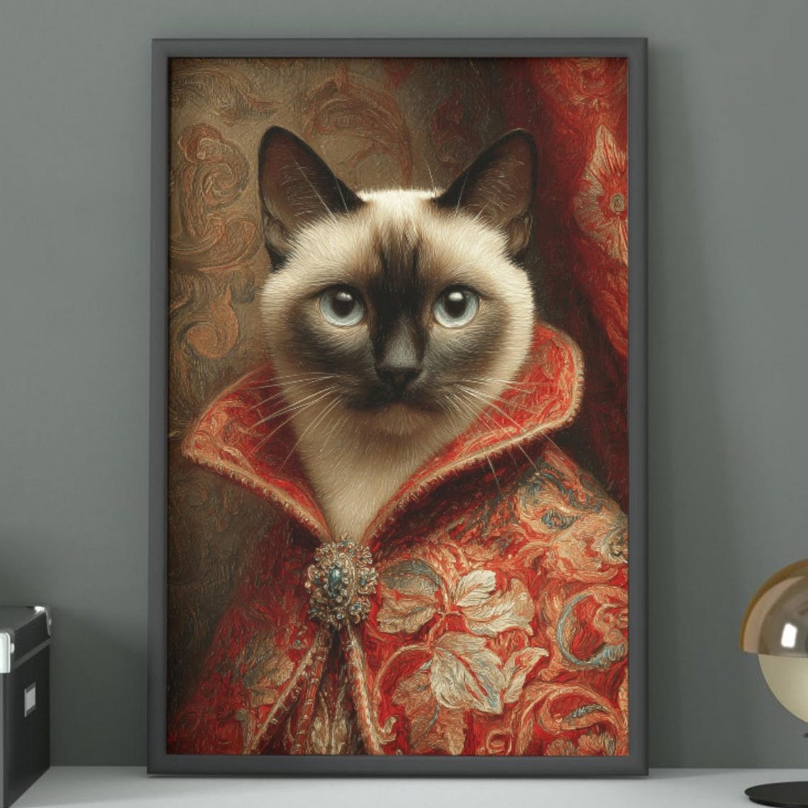 Siamese Cat Royal Red Brocade Robe Regal Pet Portrait Poster
