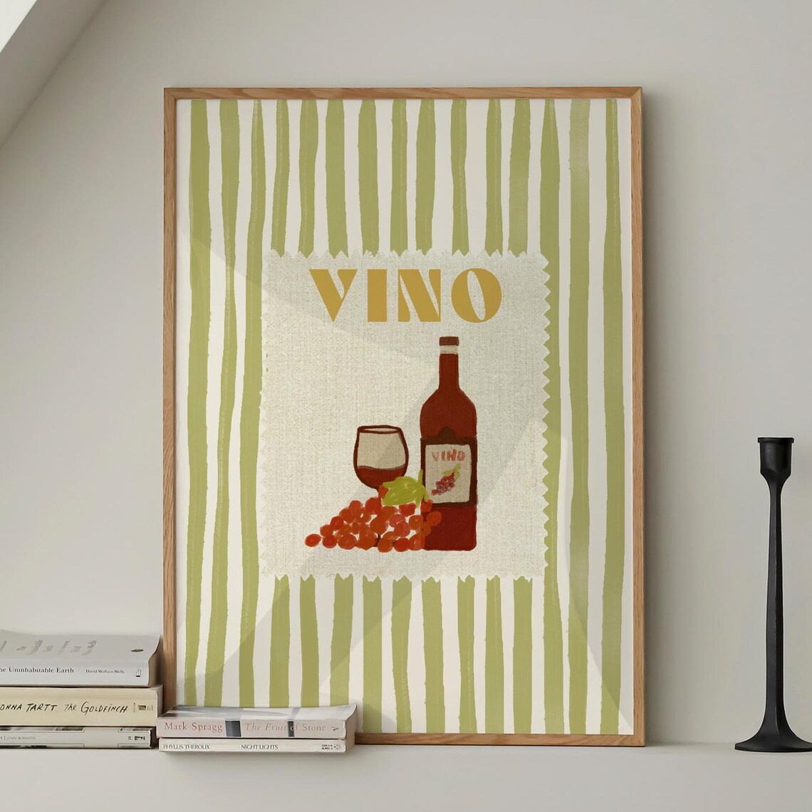 VINO Yellow Lettering Wine Bottle Glass and Grapes Olive Striped Poster