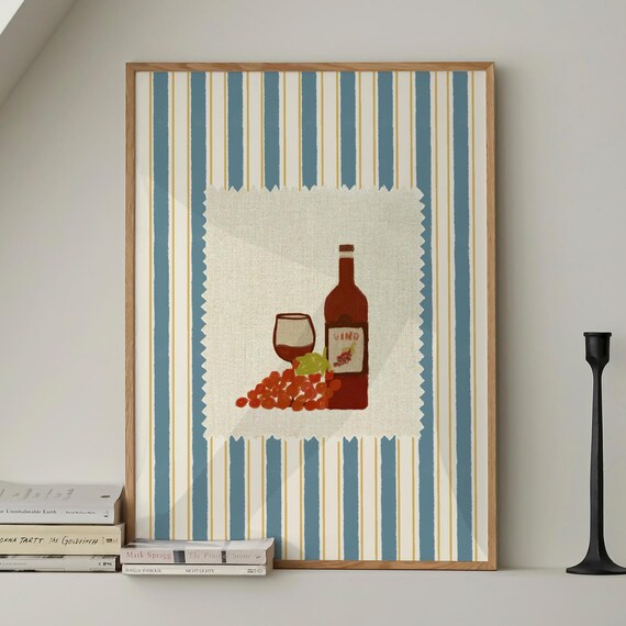 Cin Cin Wine Retro Bar Cart Stamp Style Blue Striped Decor Poster