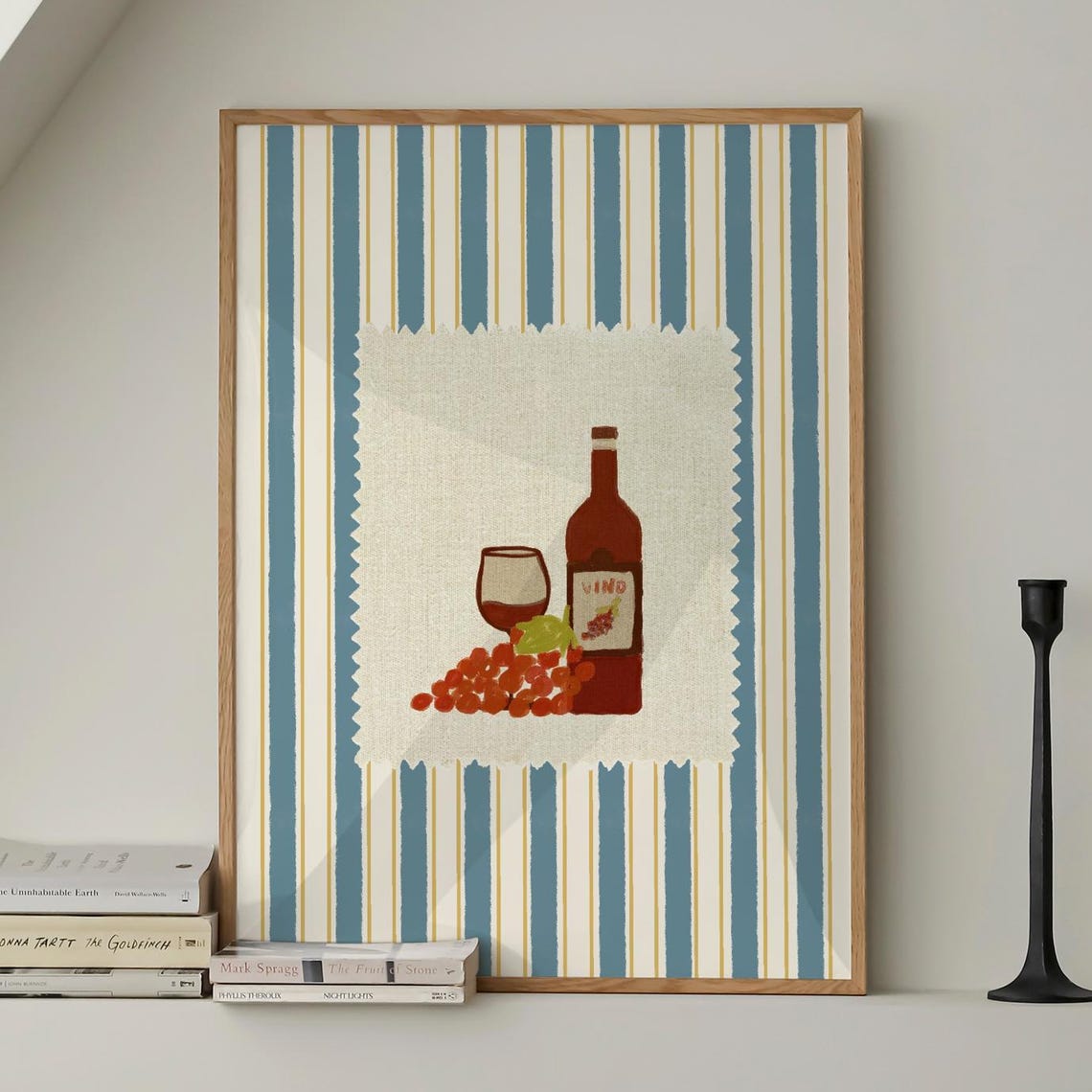 Cin Cin Wine Retro Bar Cart Stamp Style Blue Striped Decor Poster