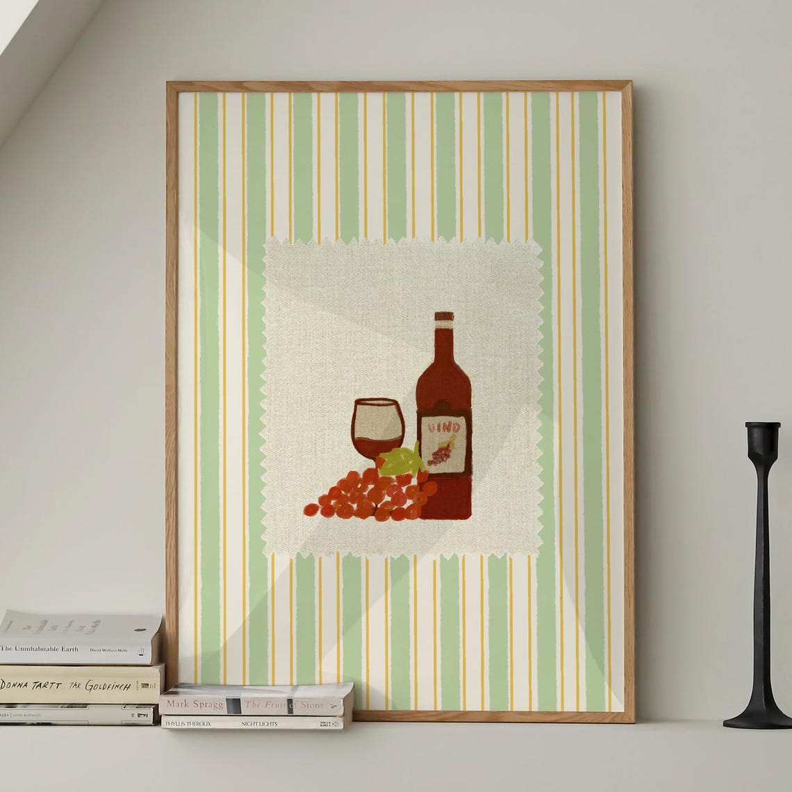 Cin Cin Wine Retro Bar Cart Stamp Style Green Striped Decor Poster