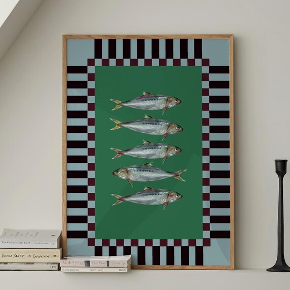 Vintage Sardines Fish Black Green Stripe Trendy Kitchen Wall Art Retro Modern Food Home Decor