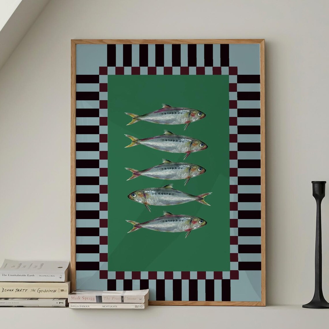 Vintage Sardines Fish Black Green Stripe Trendy Kitchen Wall Art Retro Modern Food Home Decor