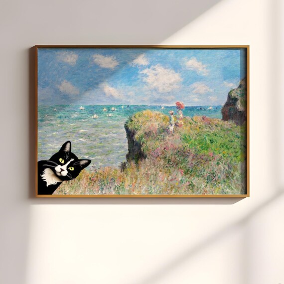 Monet Cliff Walk Coastal Seaside Black Cat Funny Canvas Wall Art