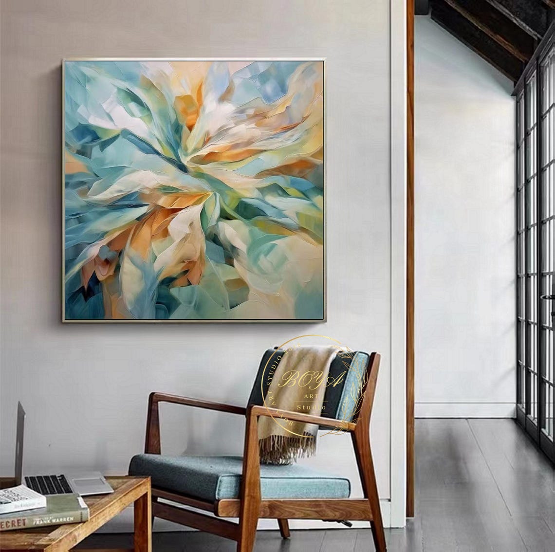 Blue Orange and Teal Blooming Flower Abstract Art Painting Poster - Image 2