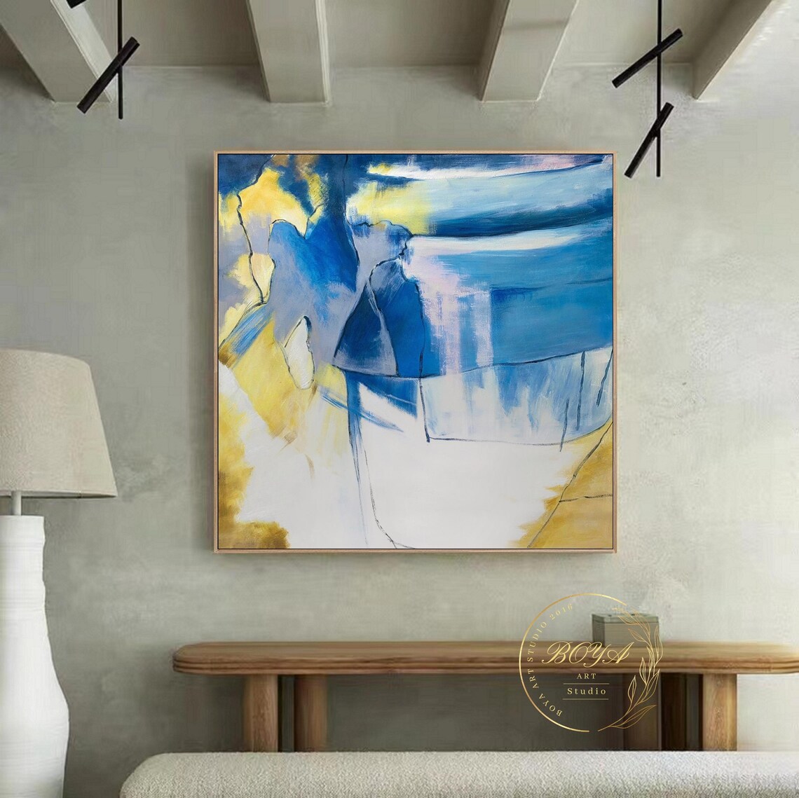 Large Blue Abstract Art Blue Textured Painting Yellow Wall Painting Modern Blue Wall Art White Wall Art Original Abstract Painting - Image 4