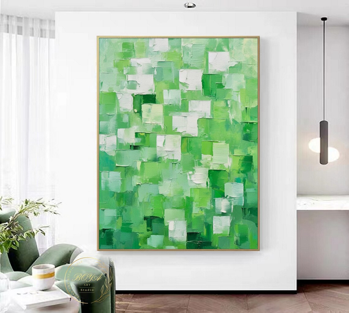 Fresh Green and White Mosaic Patches Abstract Painting Poster - Image 2
