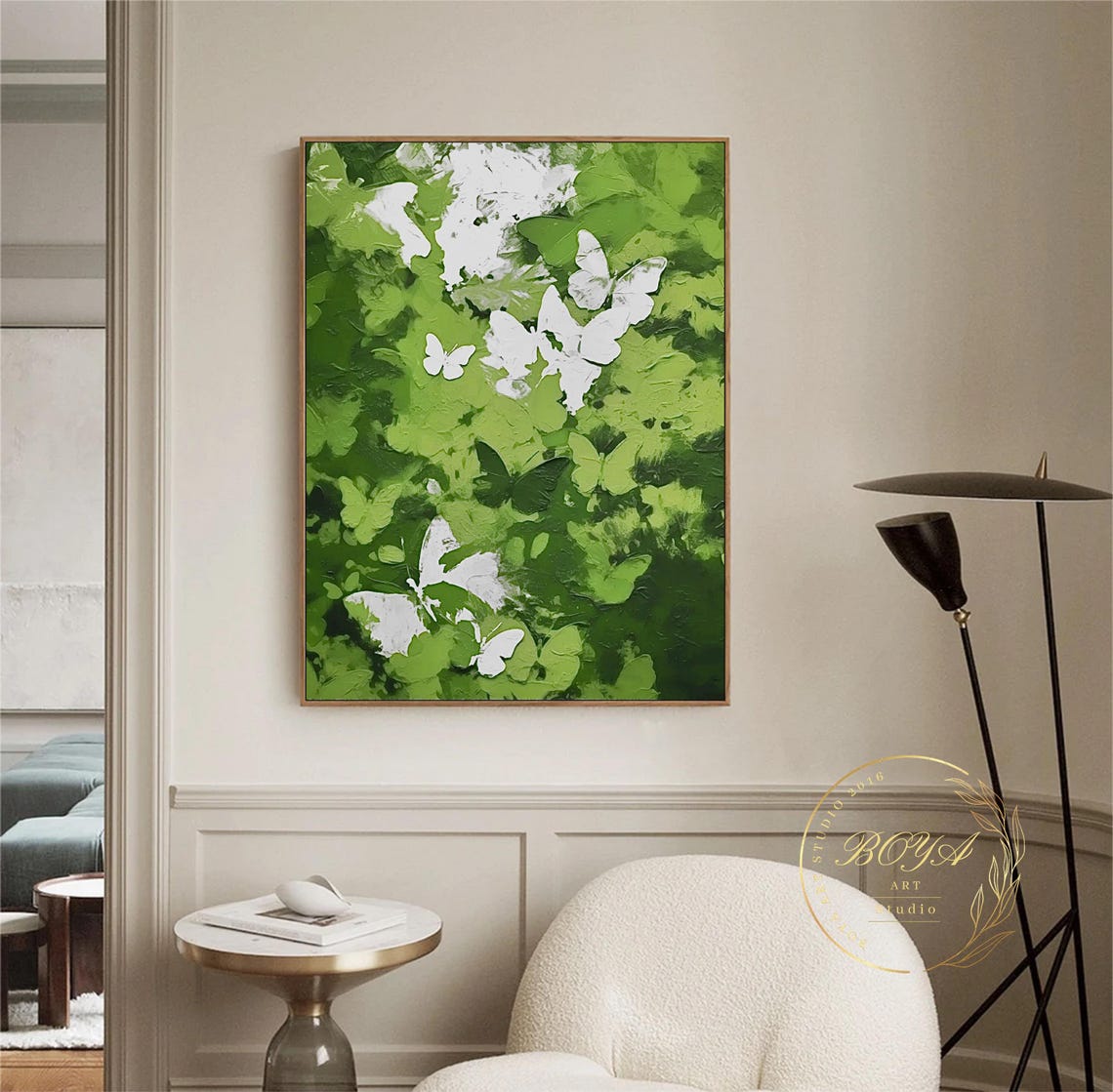 White Butterflies Rising Over Deep Green Textured Abstract Poster - Image 2