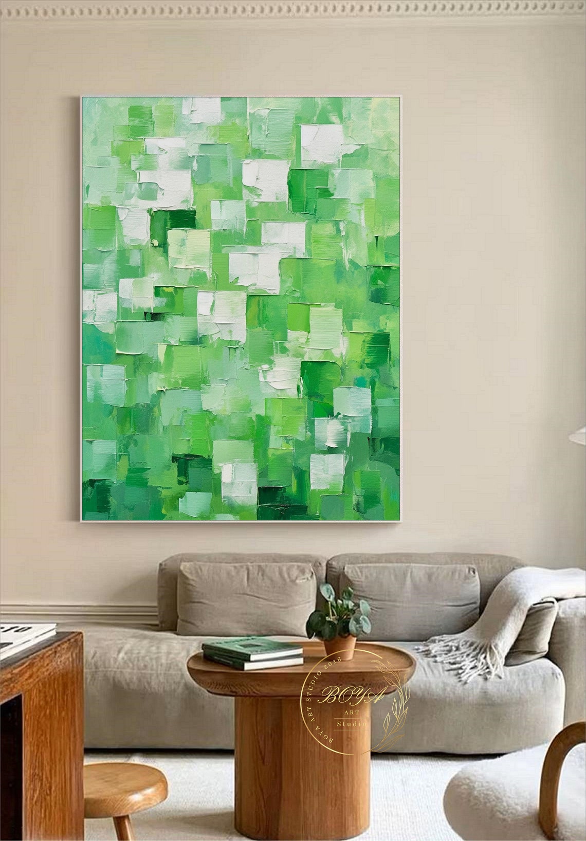 Fresh Green and White Mosaic Patches Abstract Painting Poster - Image 3