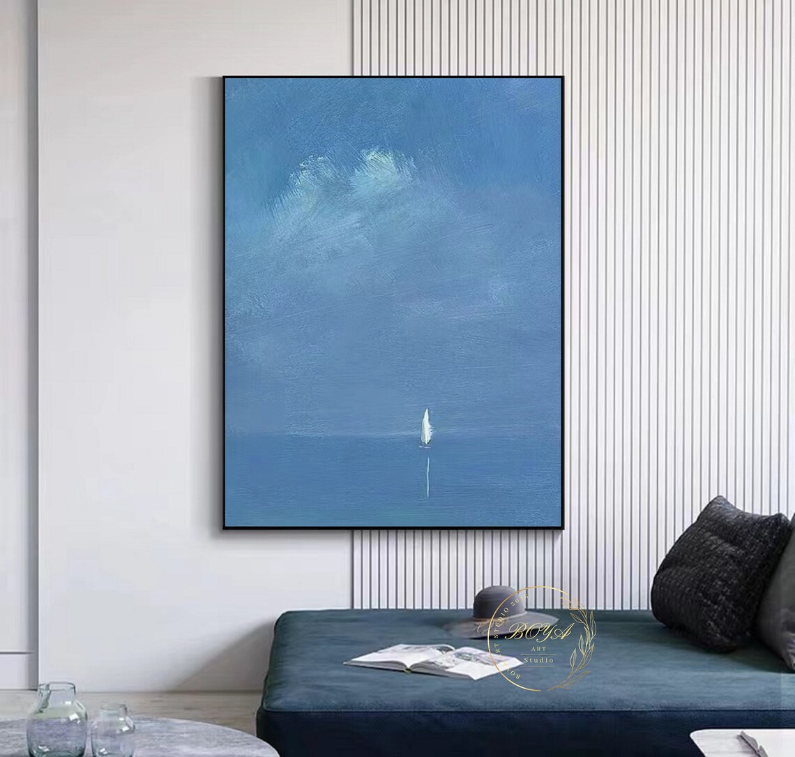 Minimalist Blue Seascape Sailboat Coastline Art Print - Image 3