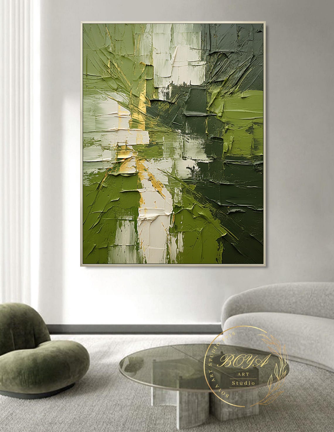 Rich Green Impasto Strokes with Warm Gold Accents Abstract Poster - Image 3