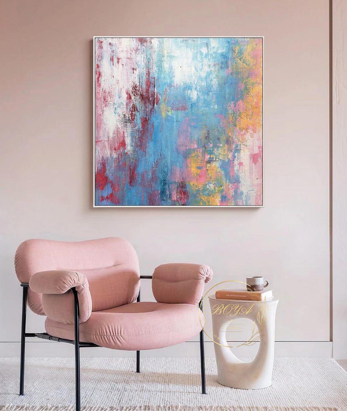 Blue Pink and Gold Textured Strokes Abstract Painting Poster - Image 4