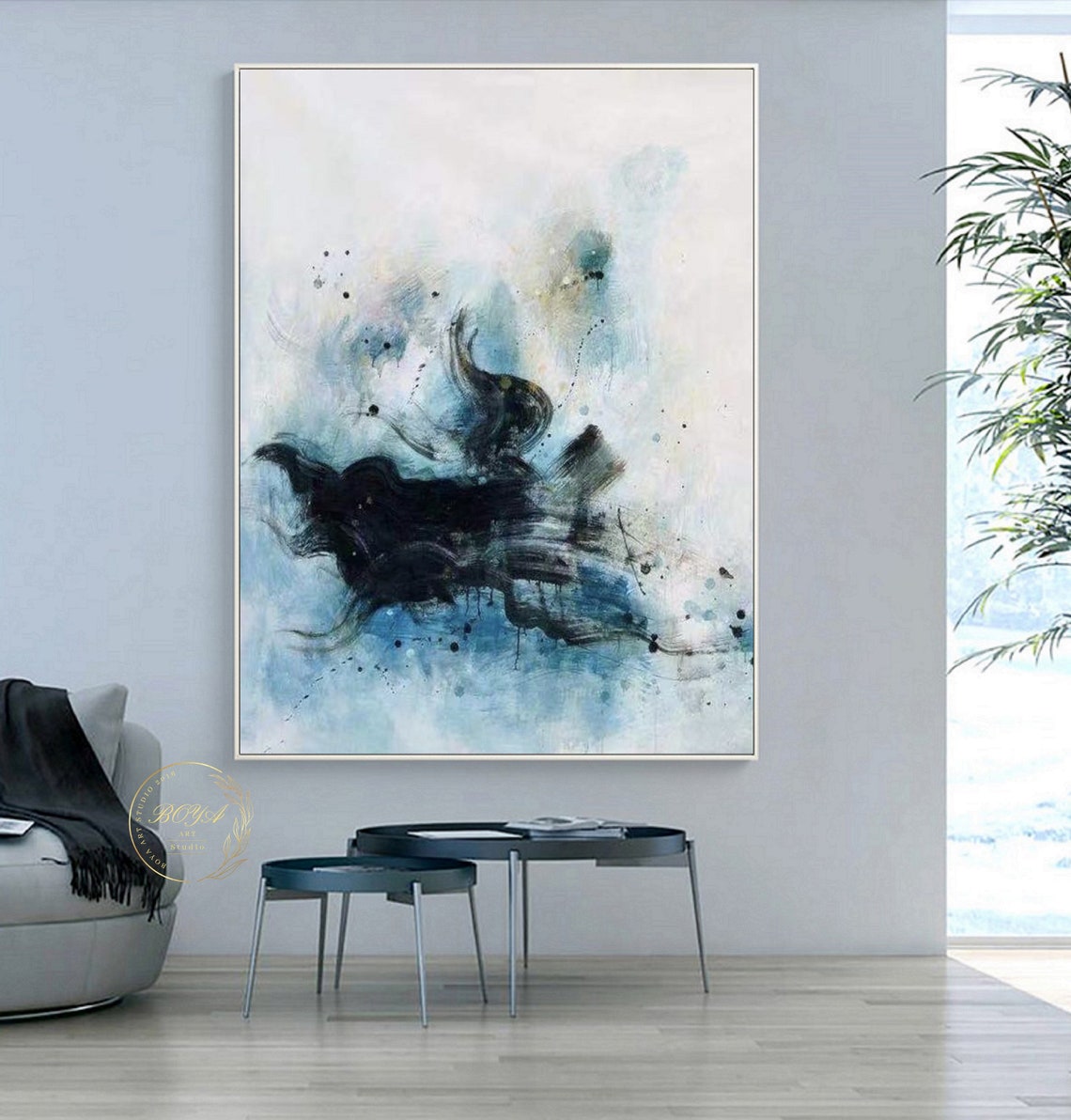 Horizontal Dark Ink Wash on White and Blue Abstract Artwork Poster - Image 2