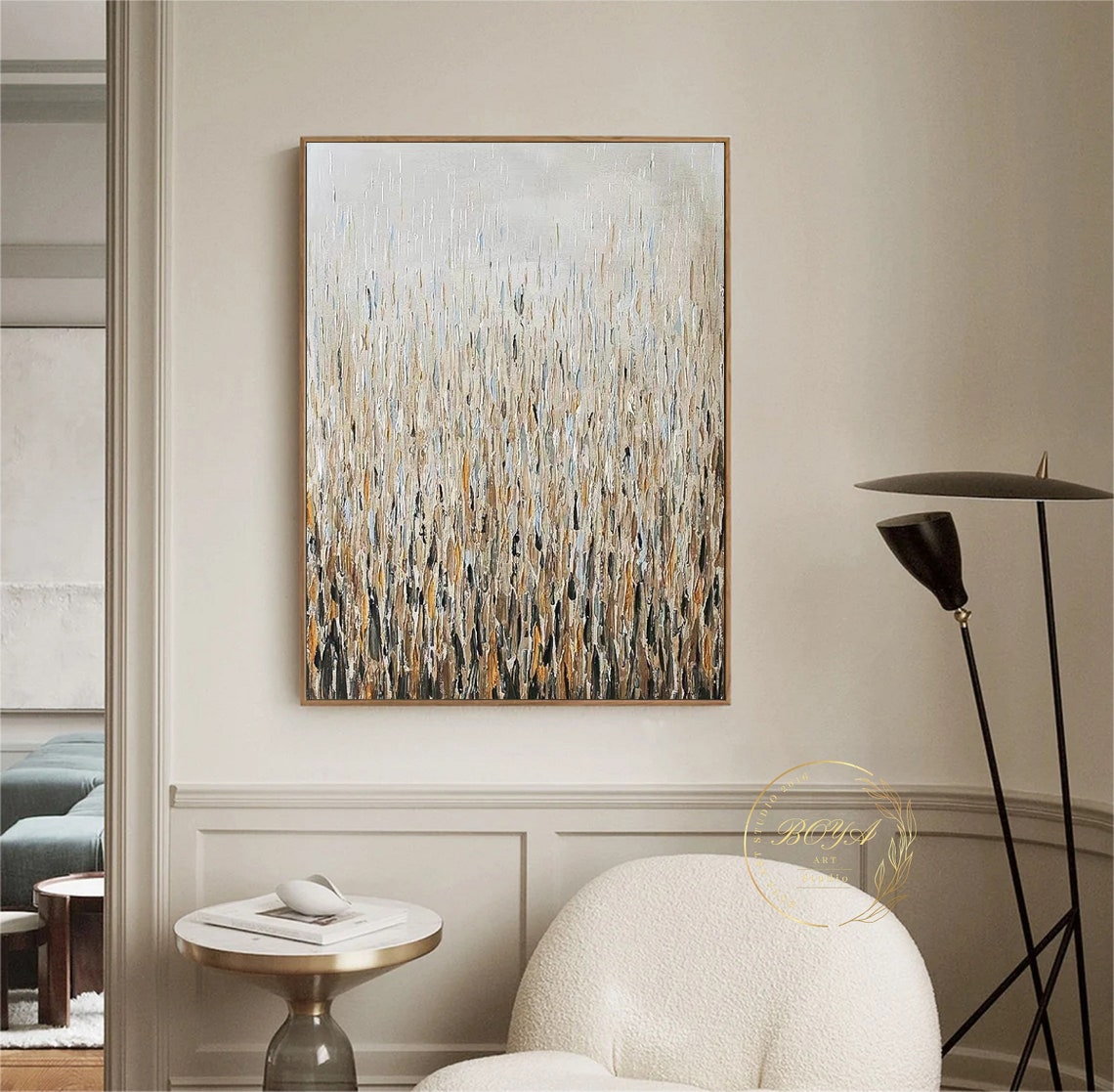Elegant Beige Gold Vertical Streak Rain Abstract Painting Poster - Image 2