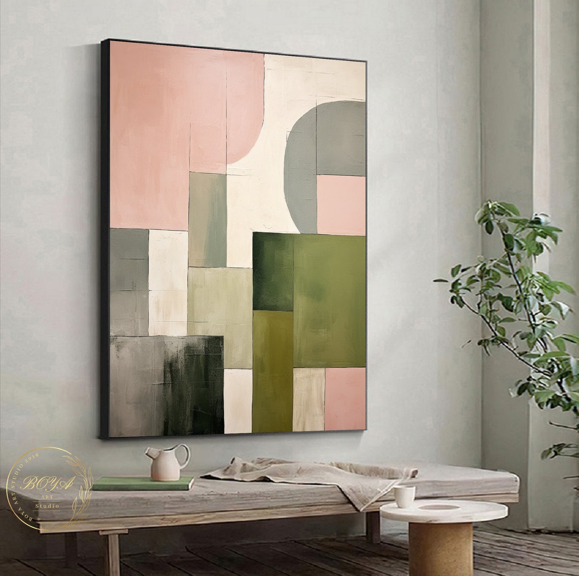 Original Pink Abstract Painting Green Wall Painting Large Beige Oil Painting Green Textured Art Geometric Abstract Art Minimalist Wall Art - Image 2