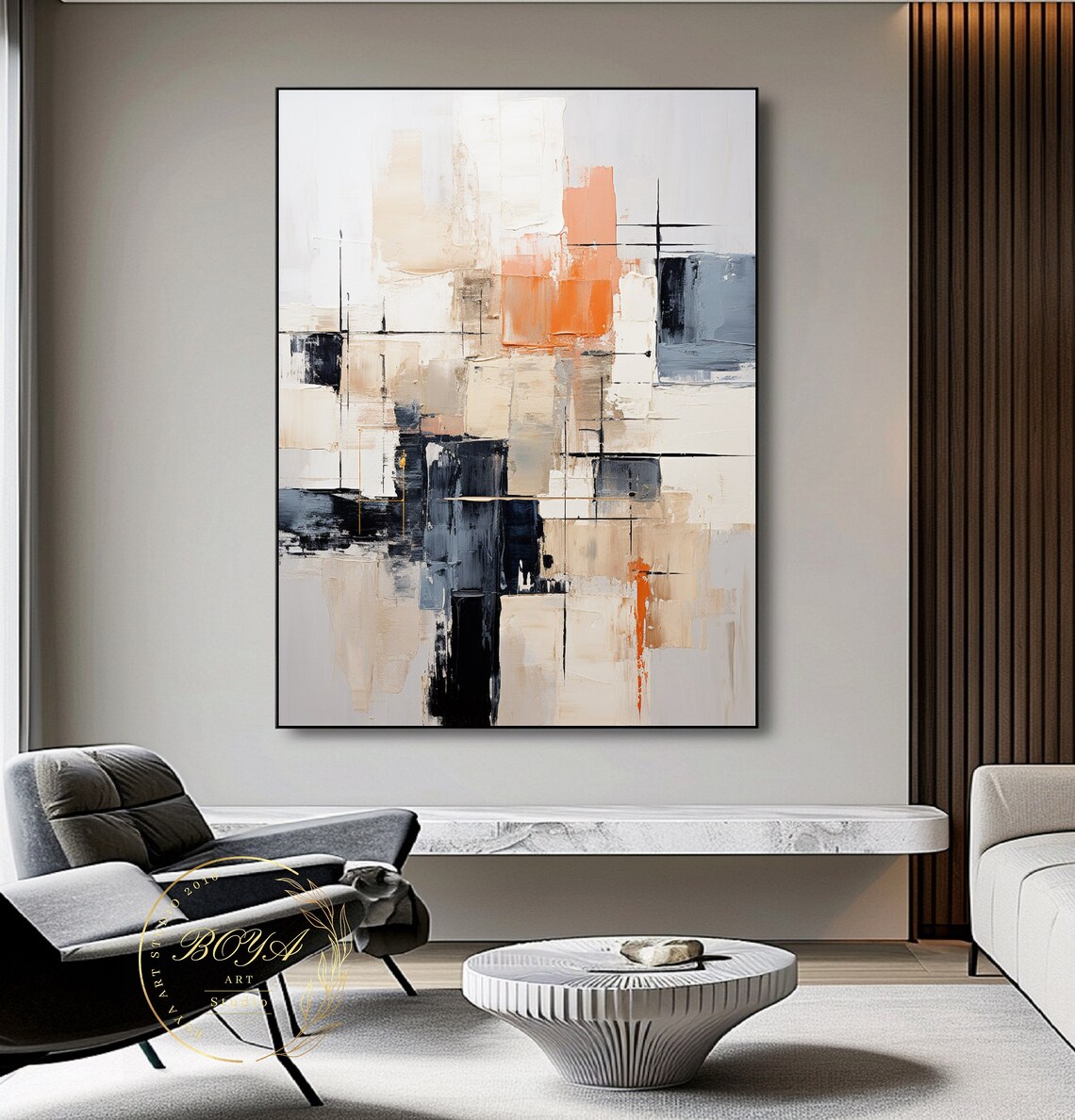 Beige Abstract Oil Painting, Black White Art Print - Image 5