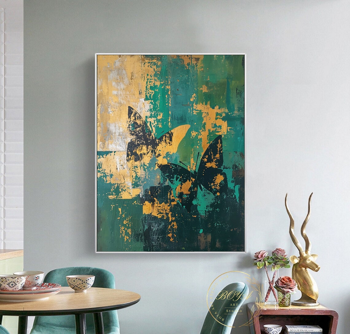 Black Butterflies on Green and Gold Textured Abstract Poster - Image 2