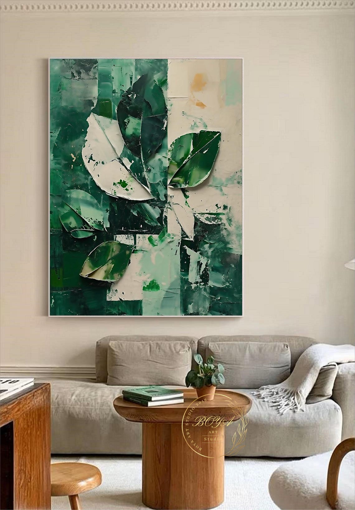Green and White Textured Leaf Abstract 3D Impasto Artwork Poster - Image 5