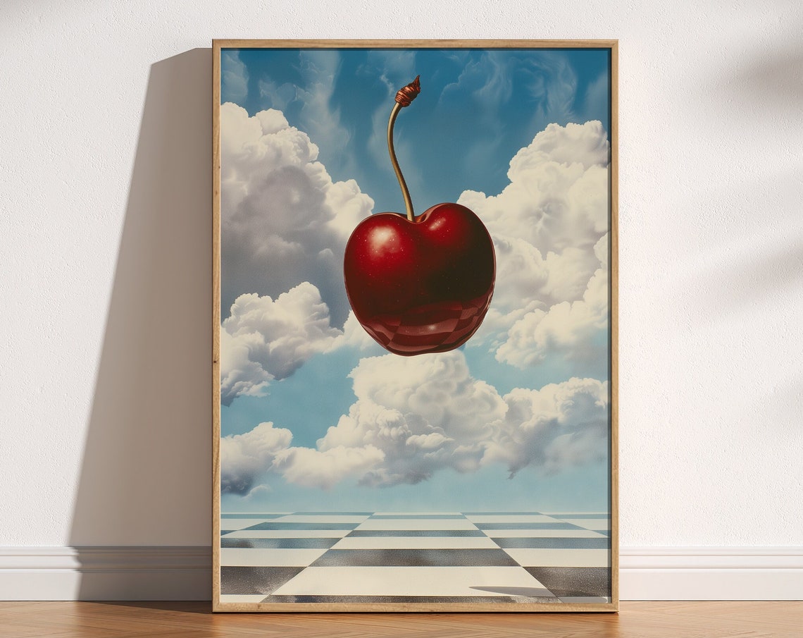 Giant Red Cherry Floating Clouds Surreal Checkerboard Sky Poster