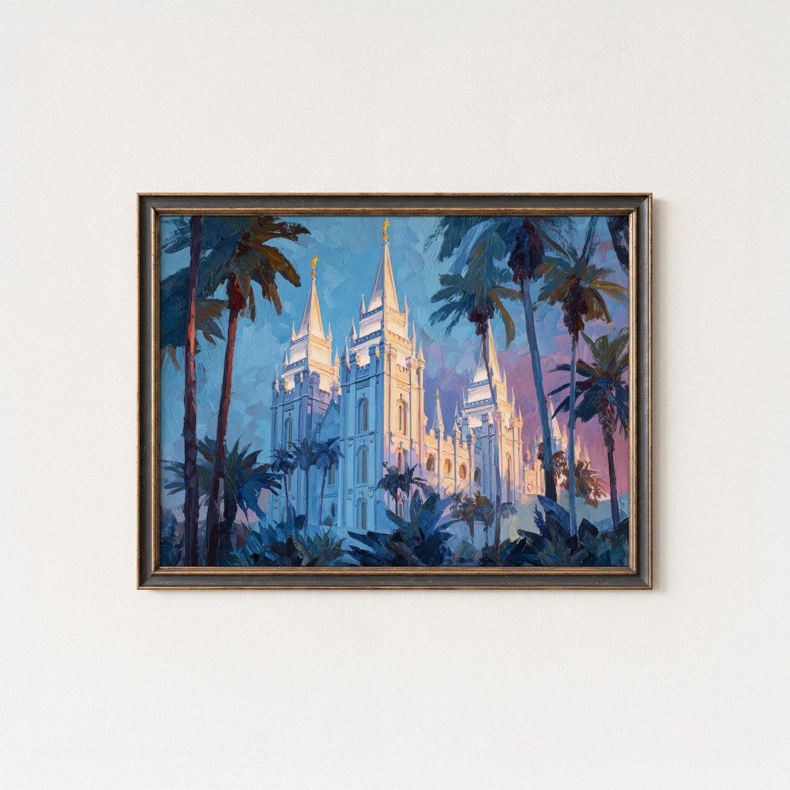 White Temple Golden Spires at Dusk Among Tropical Palm Trees Print