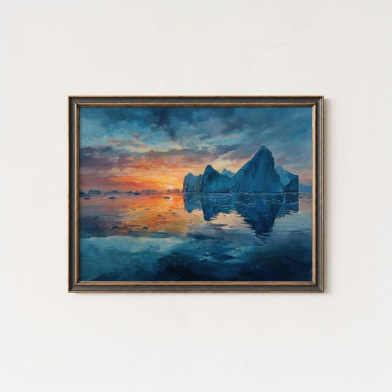 Greenland Arctic Seascape Painting Disko Bay Iceberg Sunset Art Print