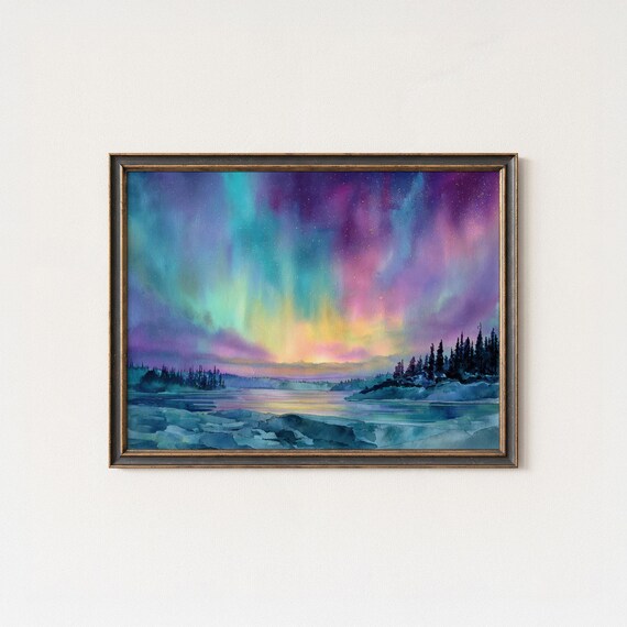 Aurora Borealis Art Print Arctic Winter Northern Lights Starry Night Sky