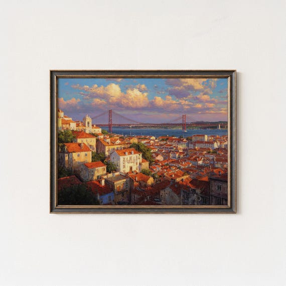 Lisbon Bridge Oil Painting Portugal Cityscape Art Print