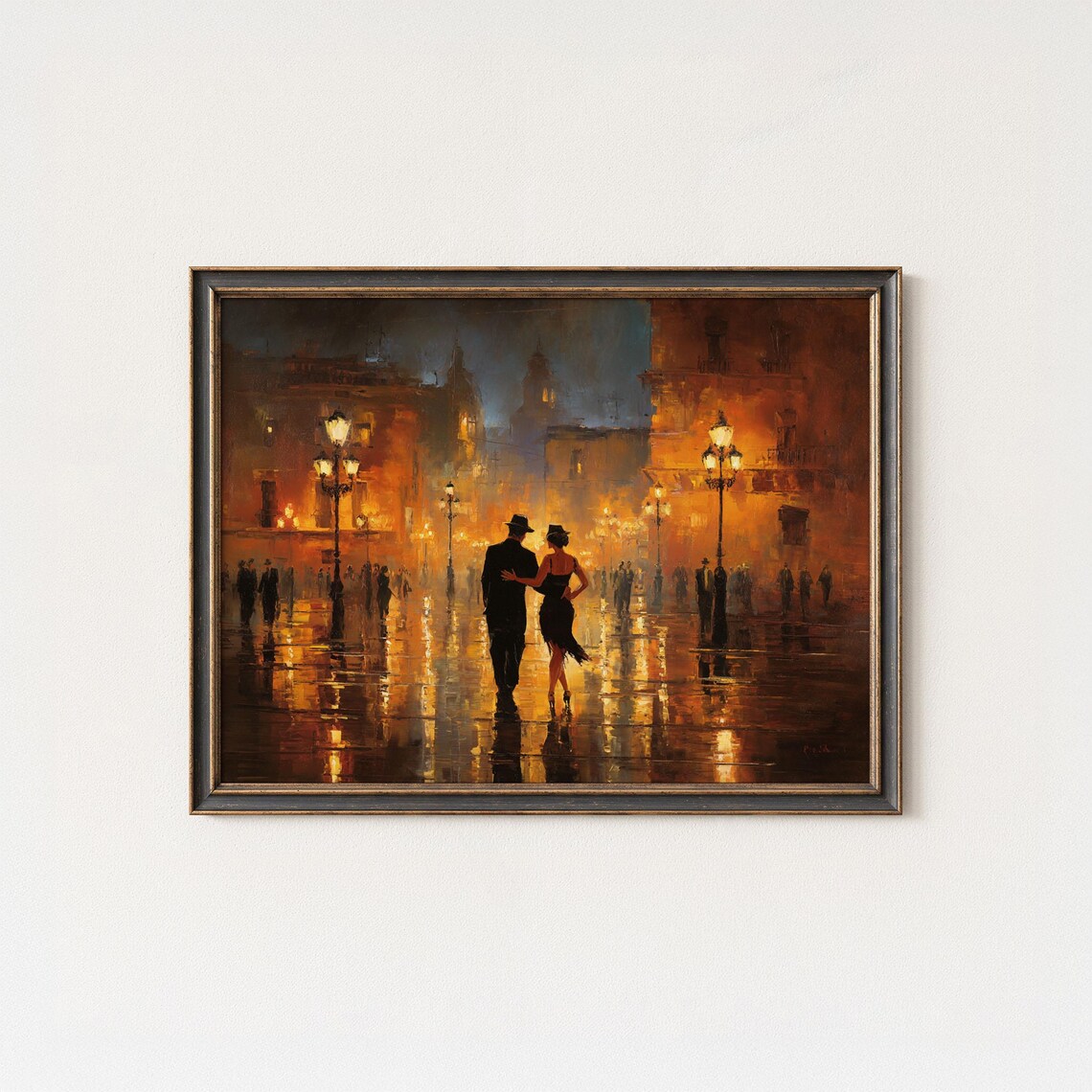 Tango Couple Dancing on Rainy Night Street Romantic City Oil Painting Poster
