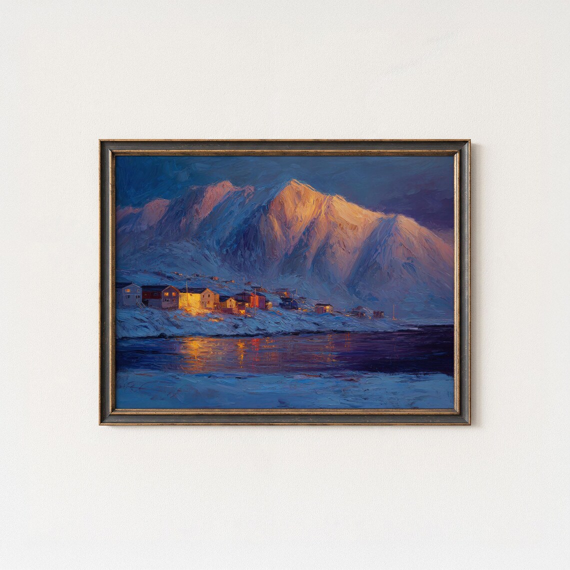 Snowy Arctic Village Night Glowing Windows Mountain Painting Poster