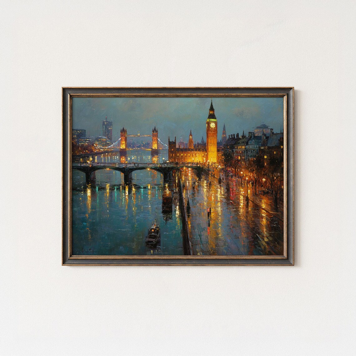 London Big Ben Tower Bridge Rainy Night Reflections Oil Painting Poster