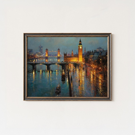 London Big Ben Oil Painting Cityscape Wall Art Print Thames River Night Decor