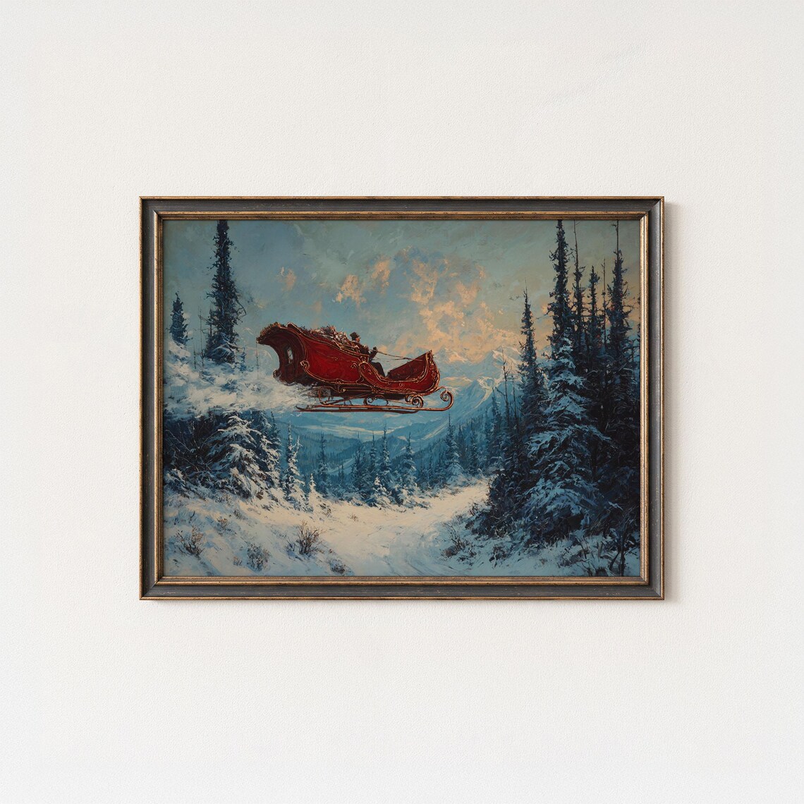 Flying Red Christmas Sleigh Over Snowy Mountain Pines Holiday Art Poster
